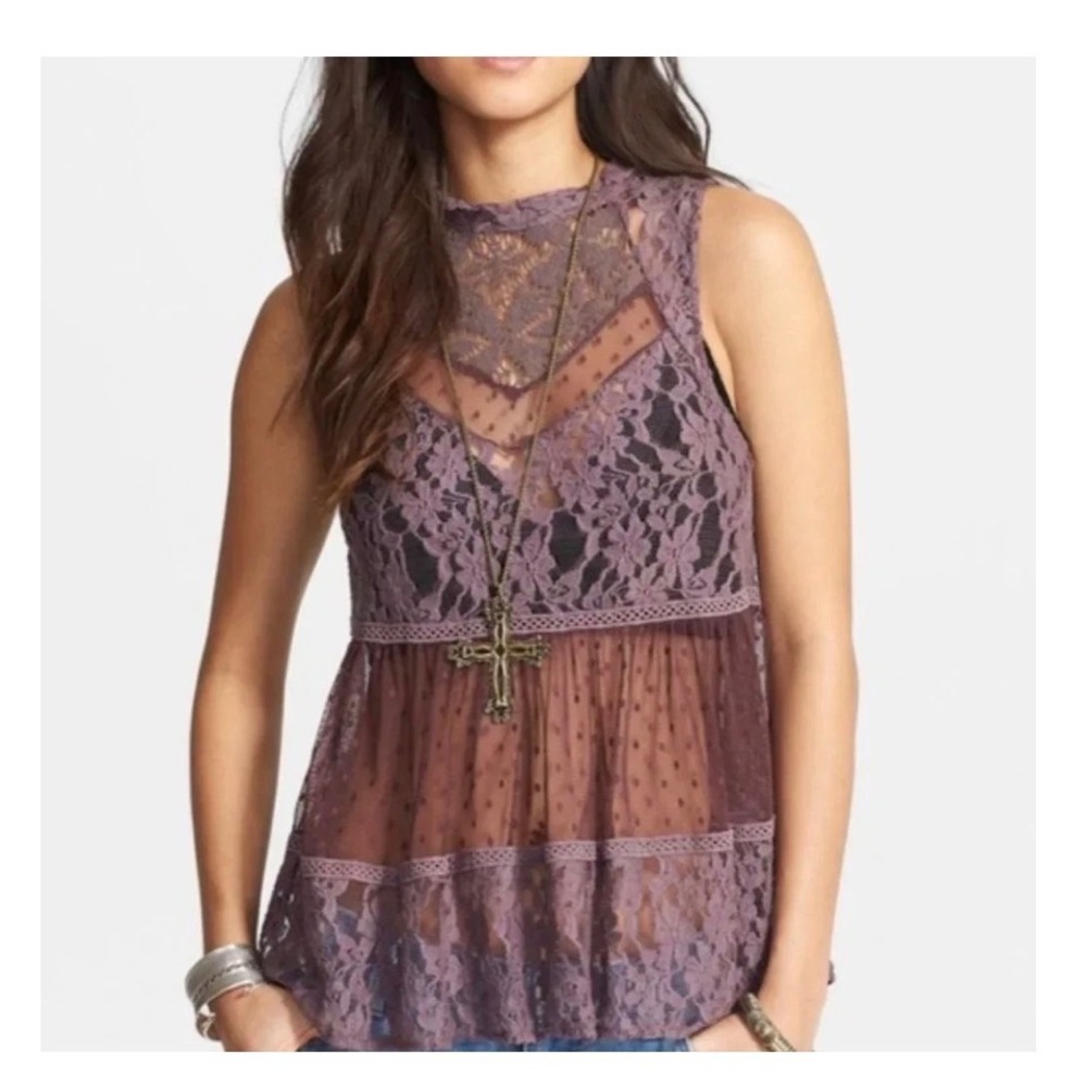 Free‎ People Sleeveless Lace Babydoll Top Plum Purple M Whimsigoth Swiss dot